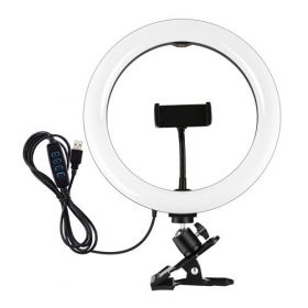 LED žiedinė lamp 26cm, su telefono laikikliu and spaustuku, USB