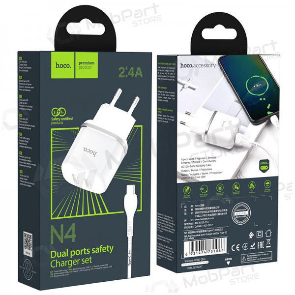 Charger Hoco N4 X 2 USB  jungtimis + Type-C (2.4A) (white)